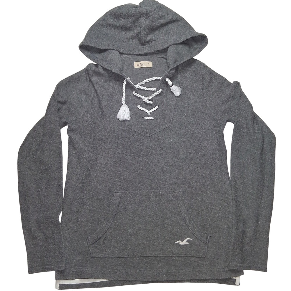 Hollister‎ Hoodie Sweatshirt Lace Up Pullover Kangaroo Pocket Gray Small